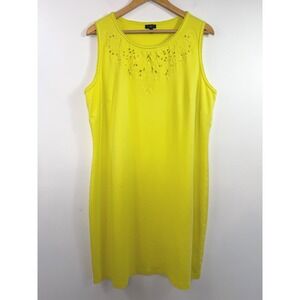Talbots Eyelet Embroidered Knit Dress Yellow Green Pom Pom Trim Plus Resort 2X